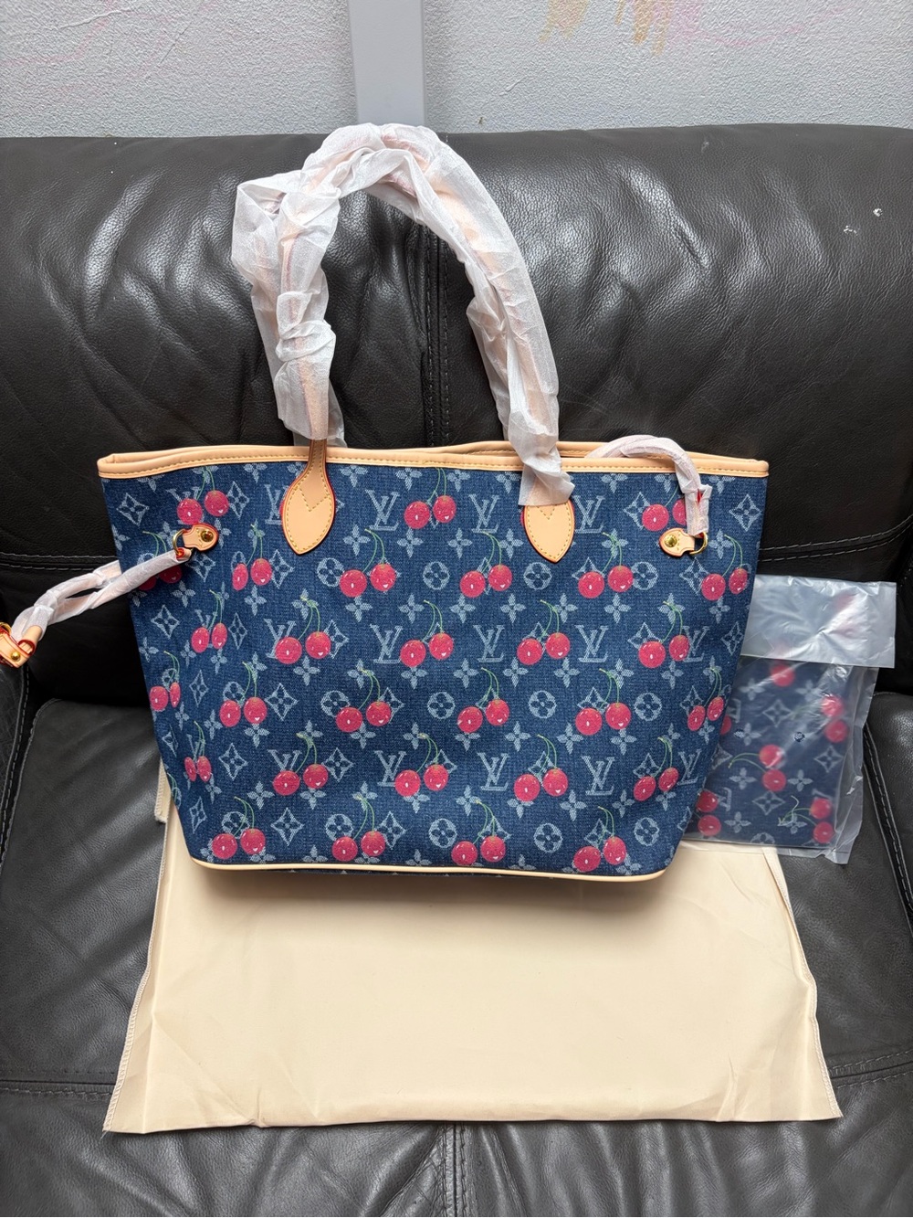 Designer-Inspired Blue Cherry Print Tote Bag